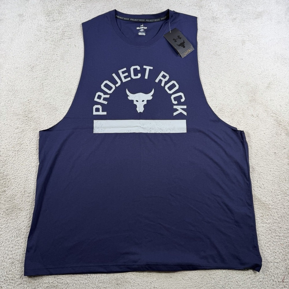 Under Armour Project Rock Tank Mens 3XL Navy Blue Payoff Sleeveless Top Gym Bull